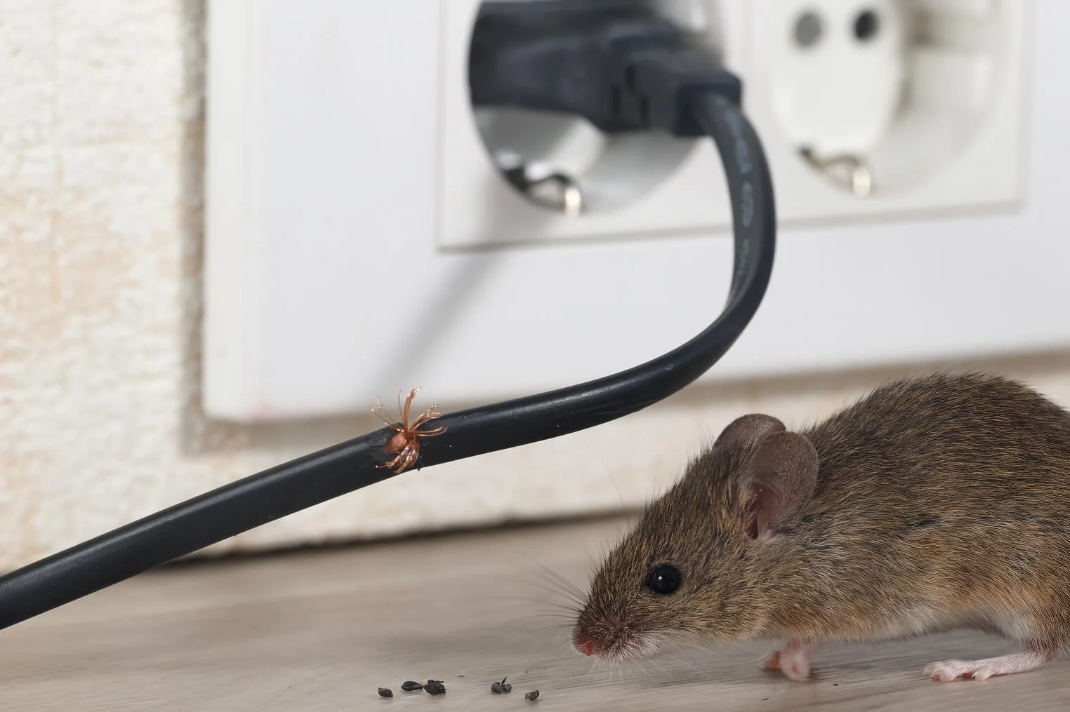 Mouse indoors in front of a chewed wire